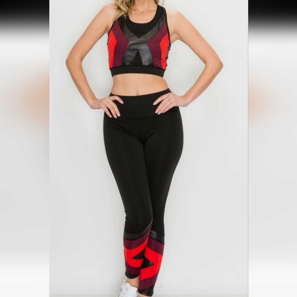 NWT Black & Red Color Block Racerback Sports Bra & Leggings Set